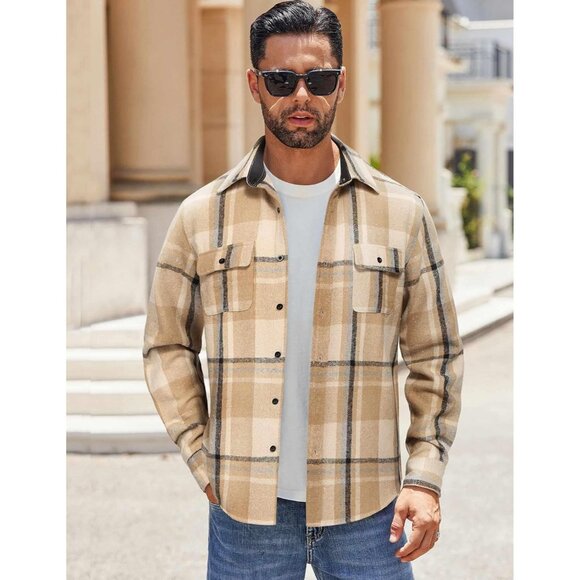 Men Khaki Flannel Shirts Long Sleeve Cotton Plaid Shirt Casual Button Down Shirt - Picture 2 of 8